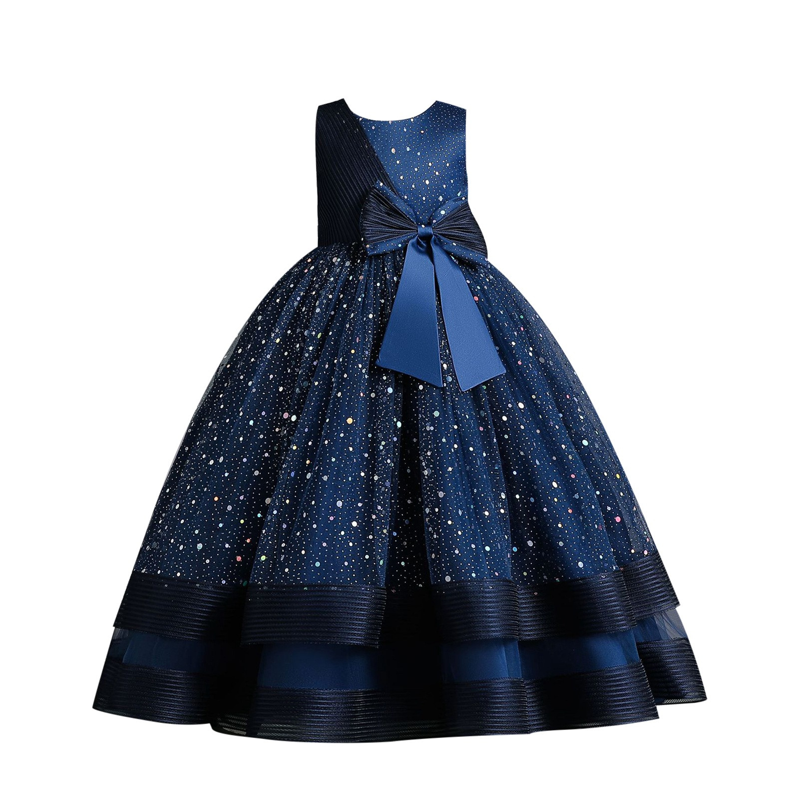 Fgnfyis Children's Sequin Children's Dress Big Bow Princess Dress Girl Flower Girl Dress Kids Dress Girls' Dresses Dark Blue 6-7 Years